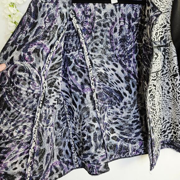 Chico’s Size 3 XL 16 Animal Print Open Front Blazer Jacket Black Purple Career - Picture 6 of 13
